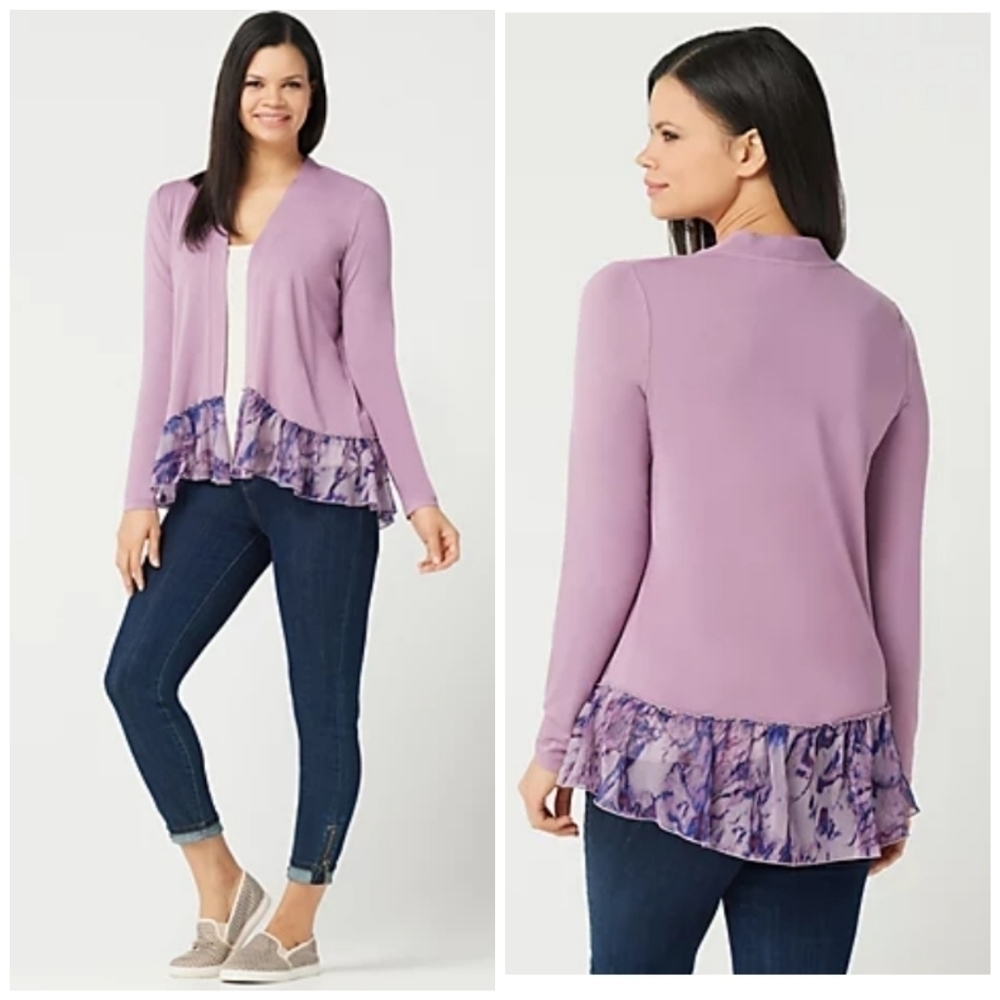 Logo by Lori Goldstein Purple Cardi Printed Hem Vintage Lace Size Small